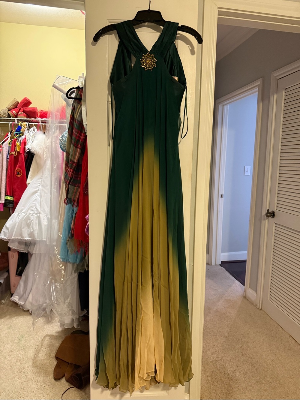Marc Bouwer Green to Gold Ombre Sleeveless Maxi Gown with Decorative Brooch